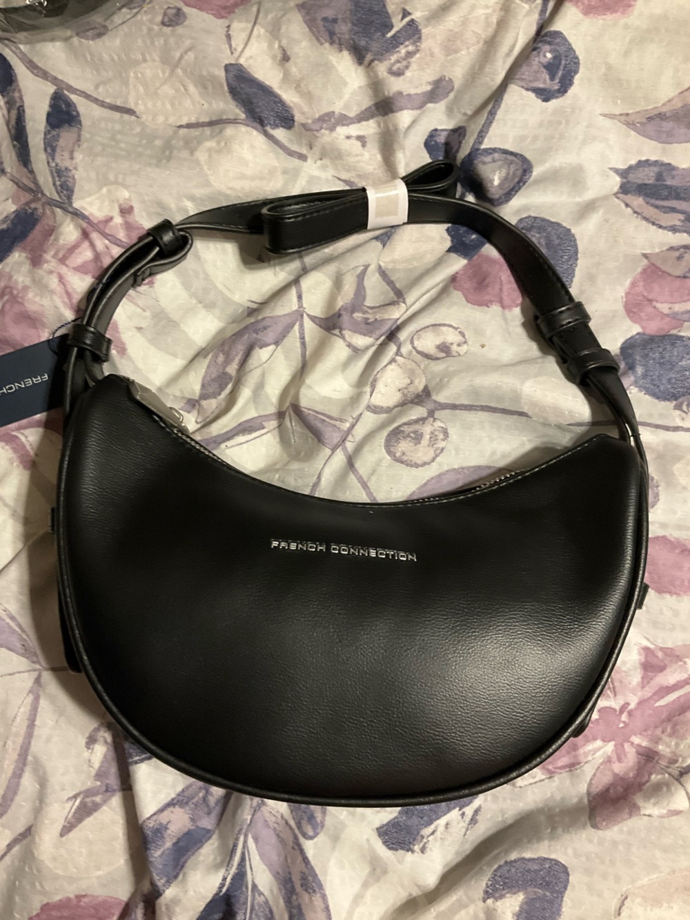 French Connection Black Crescent Shoulder Bag with Silver Logo